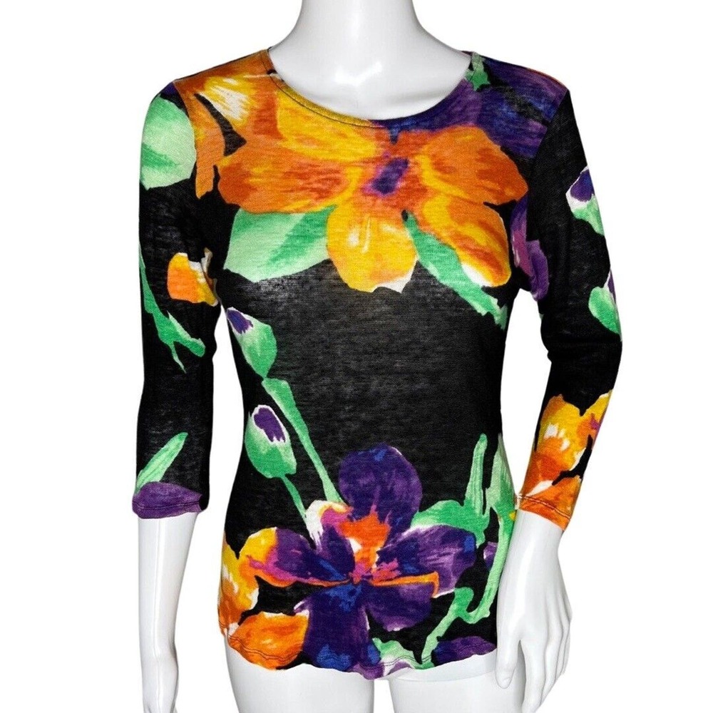 Lauren Ralph Lauren Sweater Womens Medium Petite Black Bold Tropical Floral